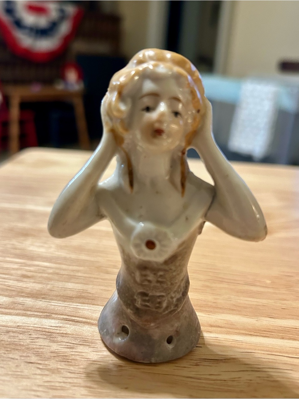 Antique Porcelain Half-Doll Figurine in Cream and Tan